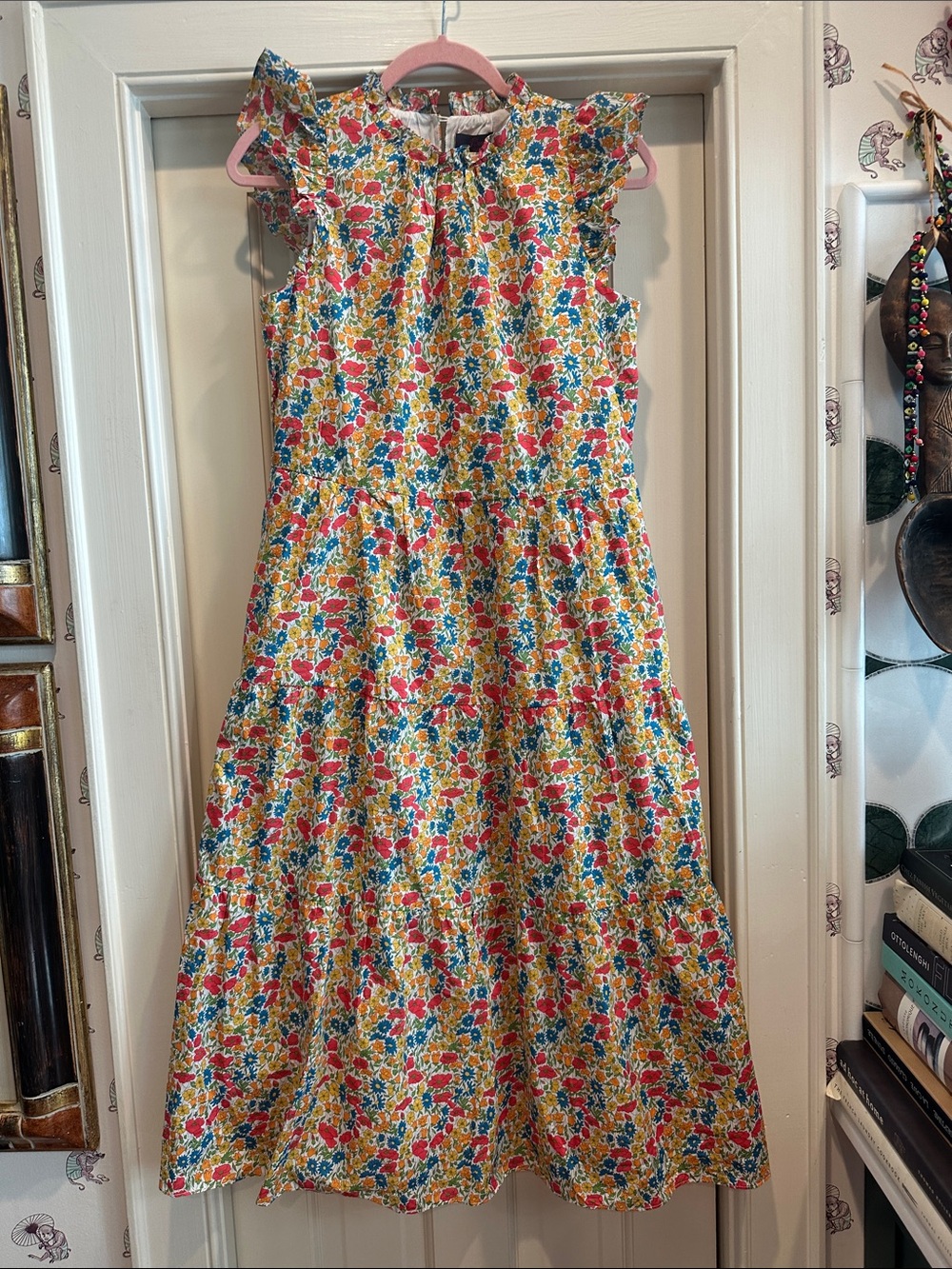 Liberty London Floral Tiered Sundress in Yellow with Pink & Blue Flowers